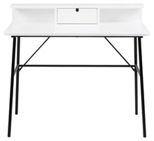 Load image into Gallery viewer, A white writing desk with a single drawer, open side shelves, and black metal legs, shown against a plain white background.
