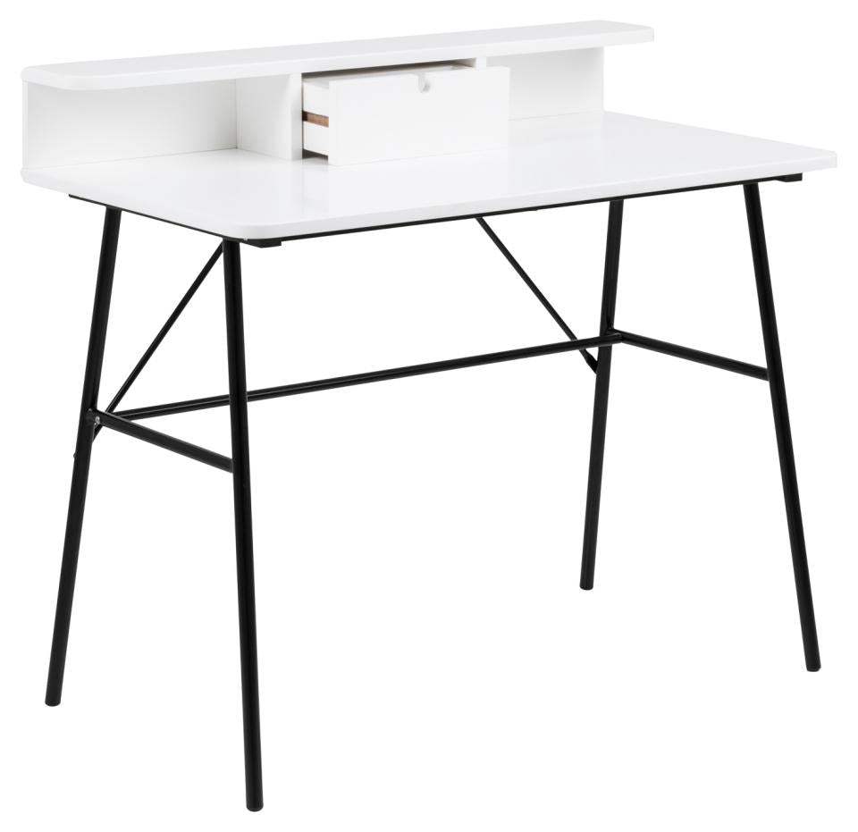 A modern white writing desk with a black metal frame and legs, featuring an open top shelf with a single white drawer.