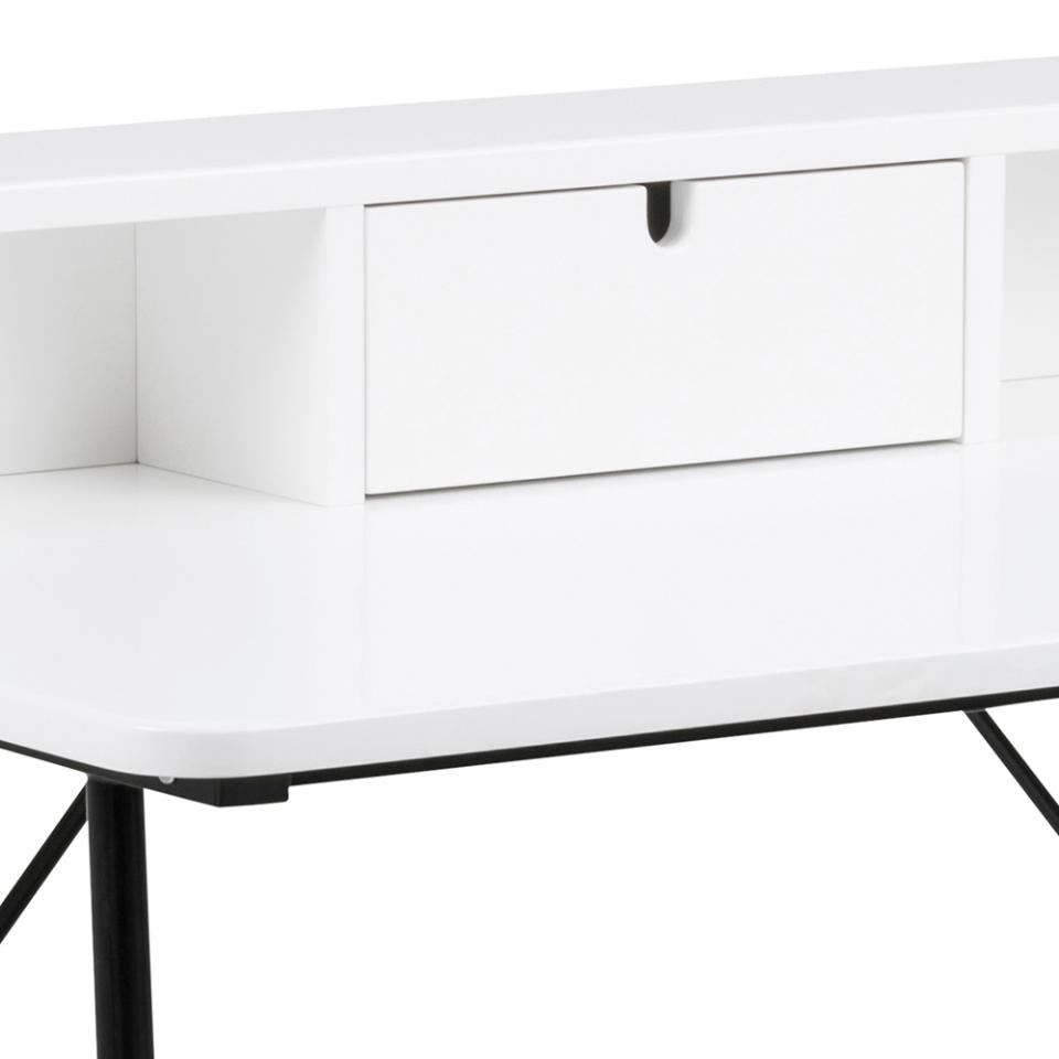 Close-up of a white modern console table or media cabinet with a single drawer, black pull handle, and black metal legs on a white background.
