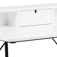 Load image into Gallery viewer, Close-up of a white modern console table or media cabinet with a single drawer, black pull handle, and black metal legs on a white background.
