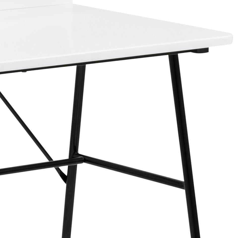 Close-up of a white rectangular table top with black metal legs and support beams, shown against a plain white background.