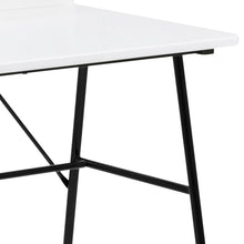 Load image into Gallery viewer, Close-up of a white rectangular table top with black metal legs and support beams, shown against a plain white background.
