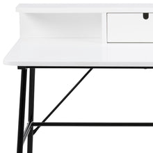 Load image into Gallery viewer, Close-up of a white desk with a single drawer and open shelf, supported by black metal legs and a horizontal support beam.
