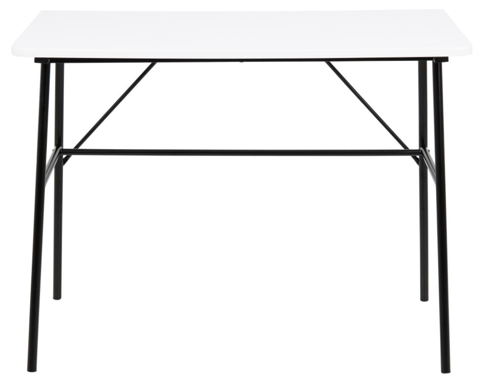 A rectangular Pascal office desk with a white top and a black metal frame with four legs and a horizontal support bar.