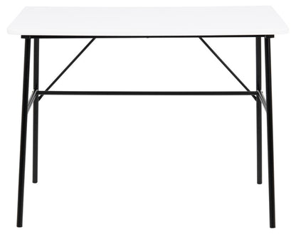 A rectangular Pascal office desk with a white top and a black metal frame with four legs and a horizontal support bar.