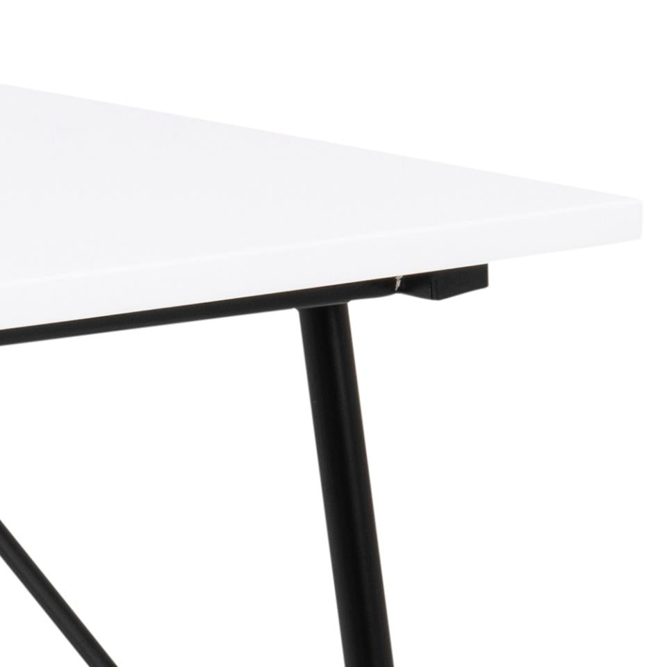 Close-up of a white rectangular Pascal office desk corner with a black metal leg, shown against a plain white background.