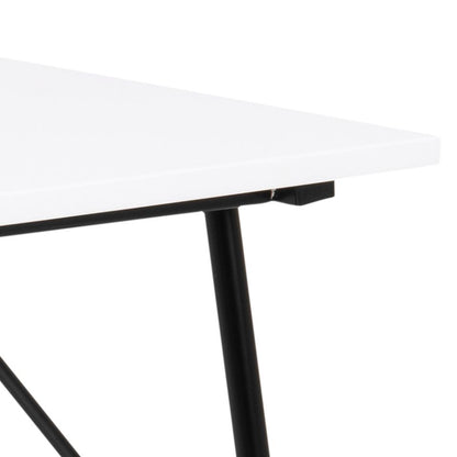 Close-up of a white rectangular Pascal office desk corner with a black metal leg, shown against a plain white background.