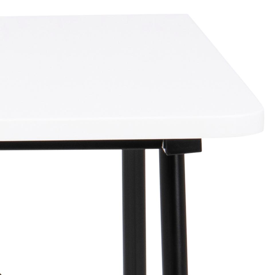 Close-up of a white office desk with black metal legs and a black support bracket, shown against a white background.