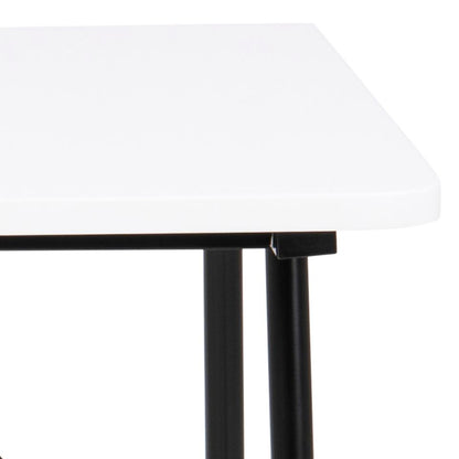 Close-up of a white office desk with black metal legs and a black support bracket, shown against a white background.