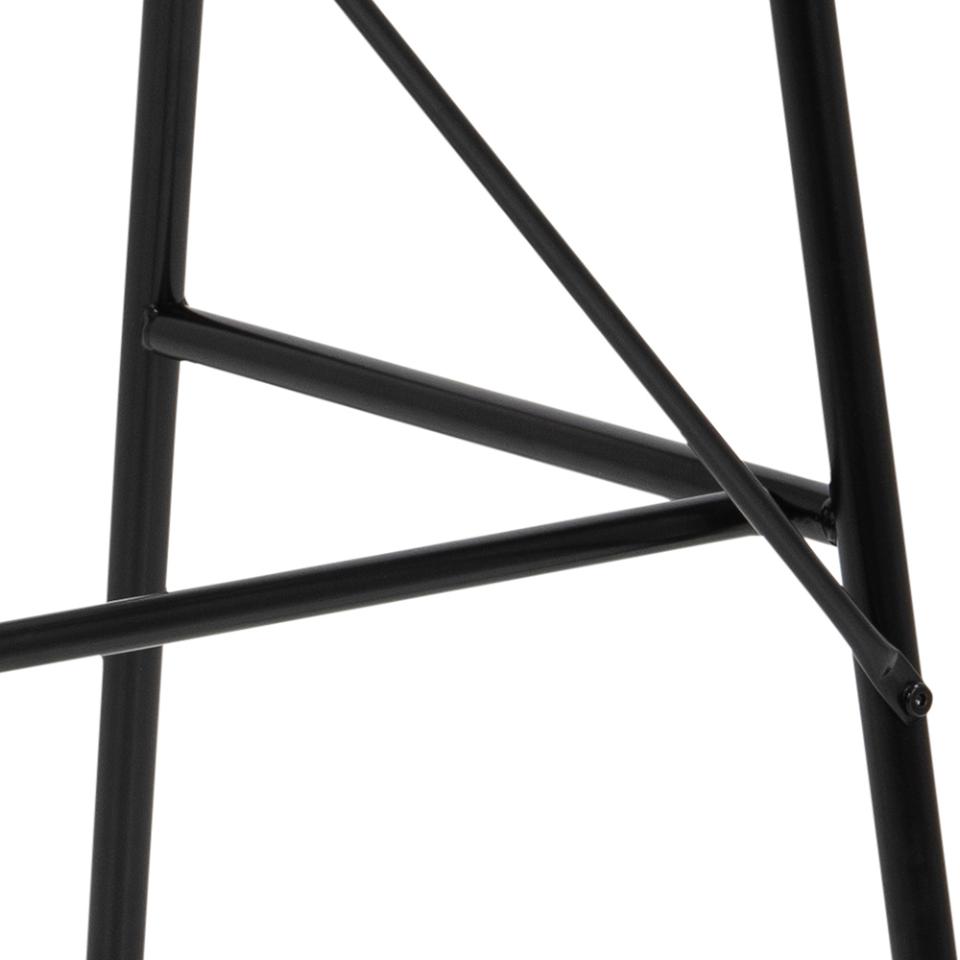Close-up of a black metal frame structure with intersecting bars on a plain white background.