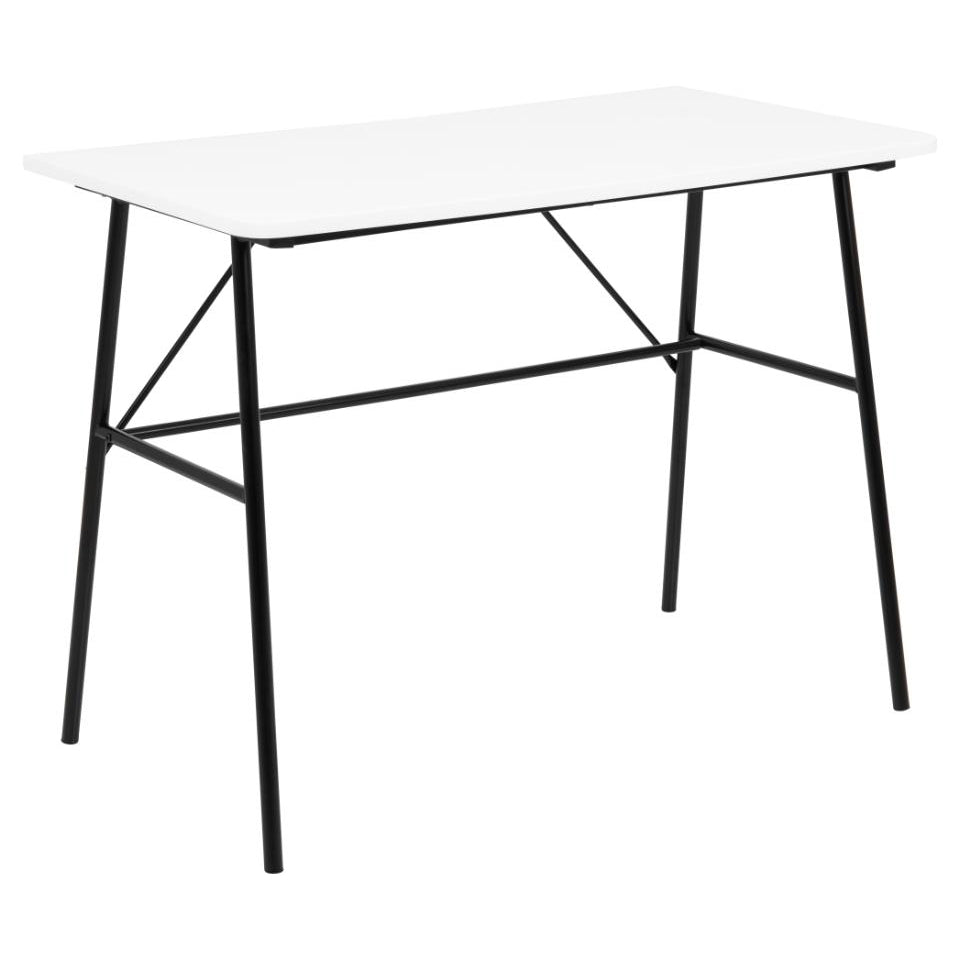 Pascal white wood office desk with metal base and legs on a white background