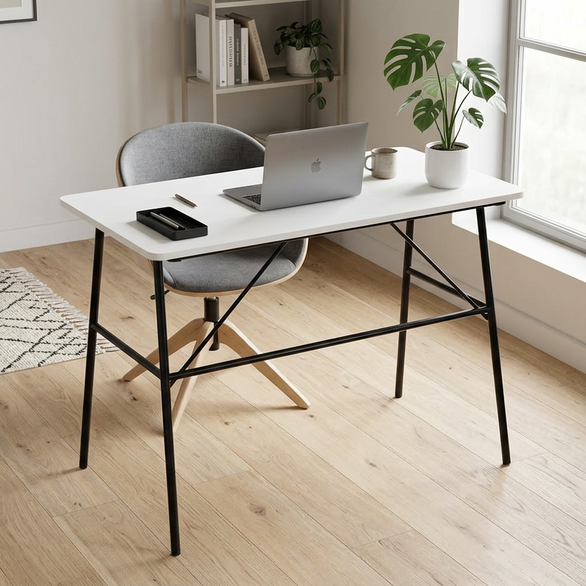 A Pascal white office desk in a modern home with a laptop, plant and home accessories