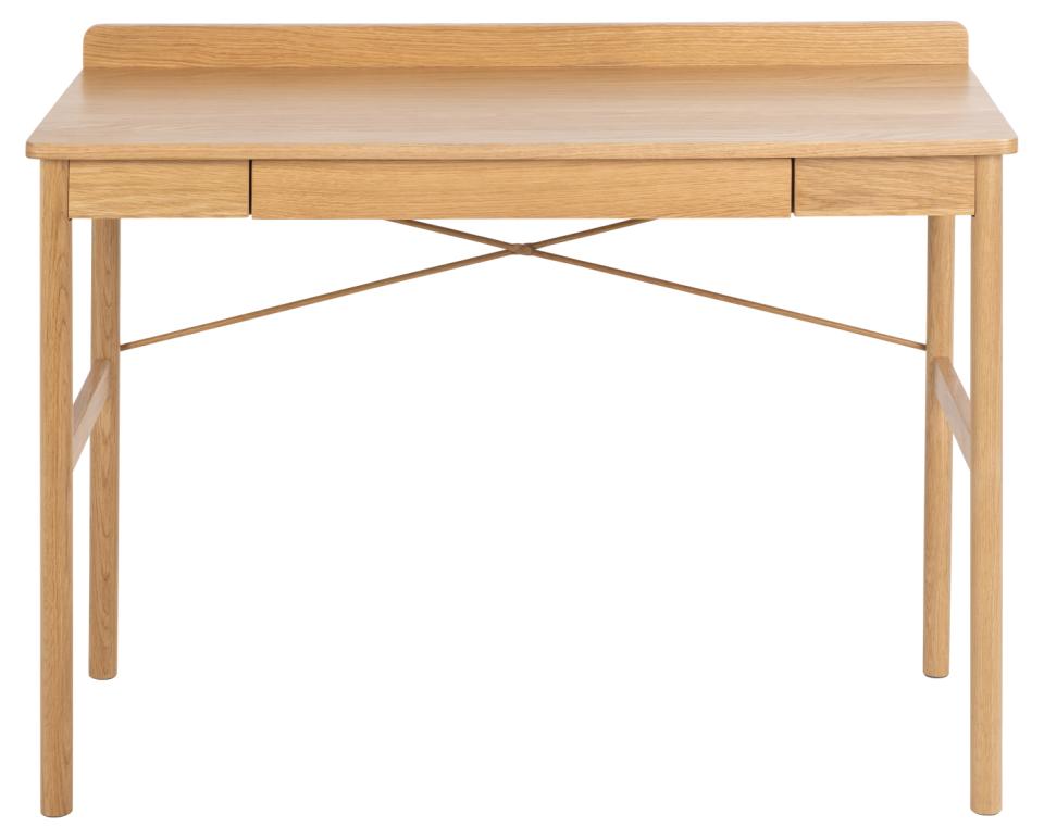 a modern oak desk front facing on a white background