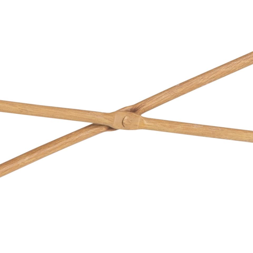Close-up of a light natural wood look metal cross-shaped support or frame joint on a plain white background.