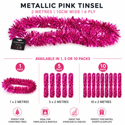 Metallic pink tinsel garland shown on a white background with product text, pack sizes, and usage suggestions. The garland is labeled as 2 metres, 10cm wide, and 6 ply, with a Home Street brand tag visible.