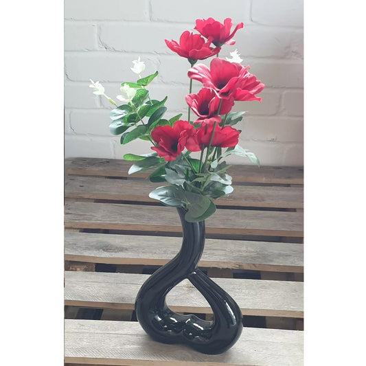 Red Wild Poppy Flowers In A Rotated Black Heart Ceramic Vase Home Decor Gift
