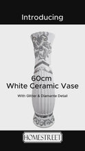 Load and play video in Gallery viewer, Large White Ceramic Floor Vase With Silver Glitter Diamante Detail 60cm Home Decor
