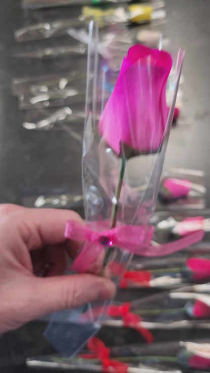 Single Wooden Rose Bud in Cellophane and Ribbon - Choose from 20 Colours