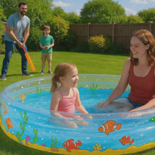 Load and play video in Gallery viewer, Round Paddling Pool Bright Colour Underwater Ocean Animals Theme 3 Ring Pool Large 150cm 5 ft Inflatable Family Pool
