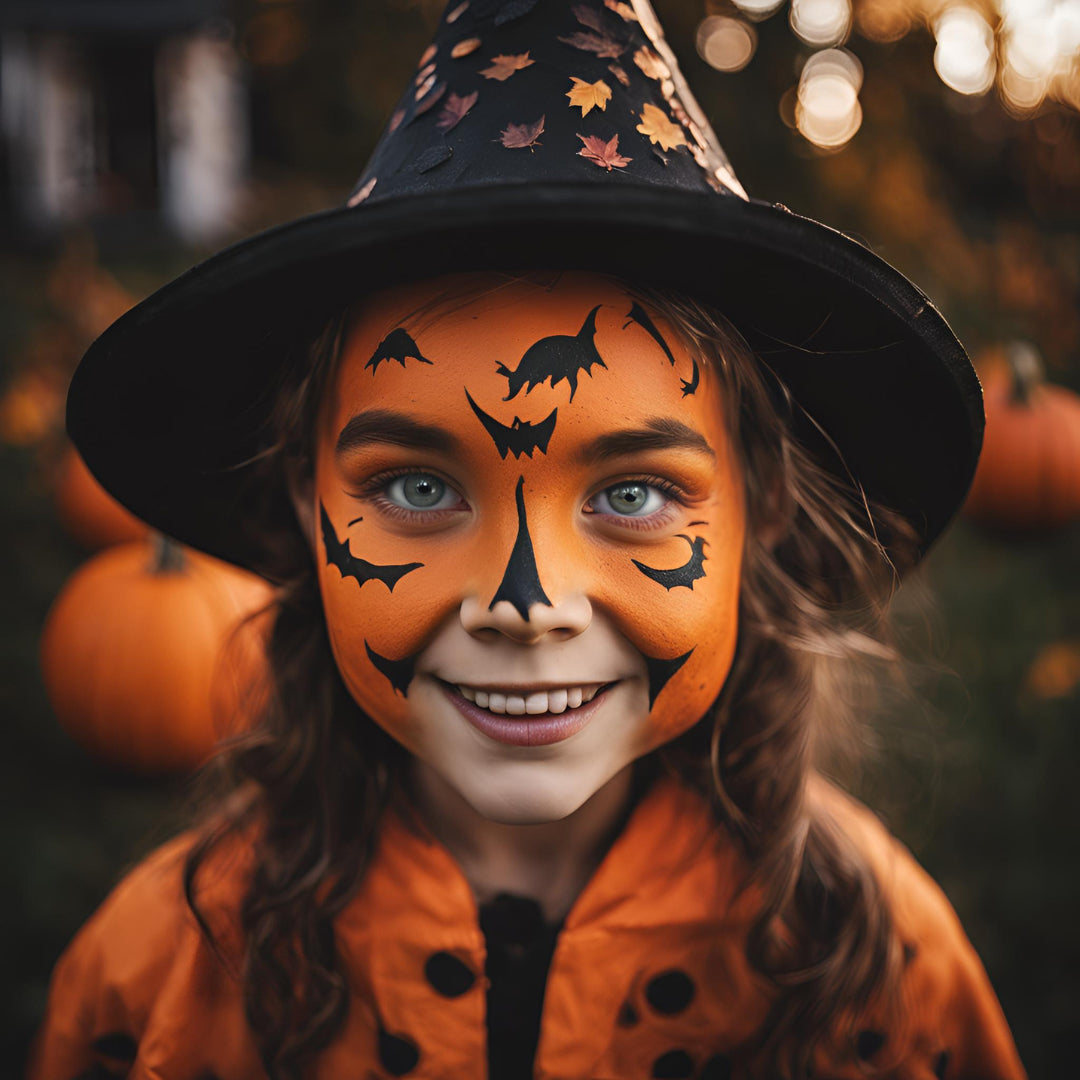 A young girl with Halloween face paint wearing an orange pumpkin-patterned outfit and a black witch hat with orange leaf accents, photographed outdoors with pumpkins and a blurred autumn background.