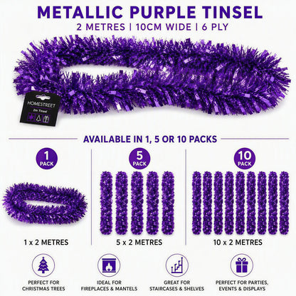 Purple metallic tinsel garland shown on a white background with text indicating it is 2 metres long, 10 cm wide, and 6 ply. The image shows the garland draped across the top, a small Homstreet packaging tag, and three pack size options: 1x2 metres, 5x2 metres, and 10x2 metres, with icons below for use on Christmas trees, fireplaces/mantels, staircases/shelves, and parties/events.
