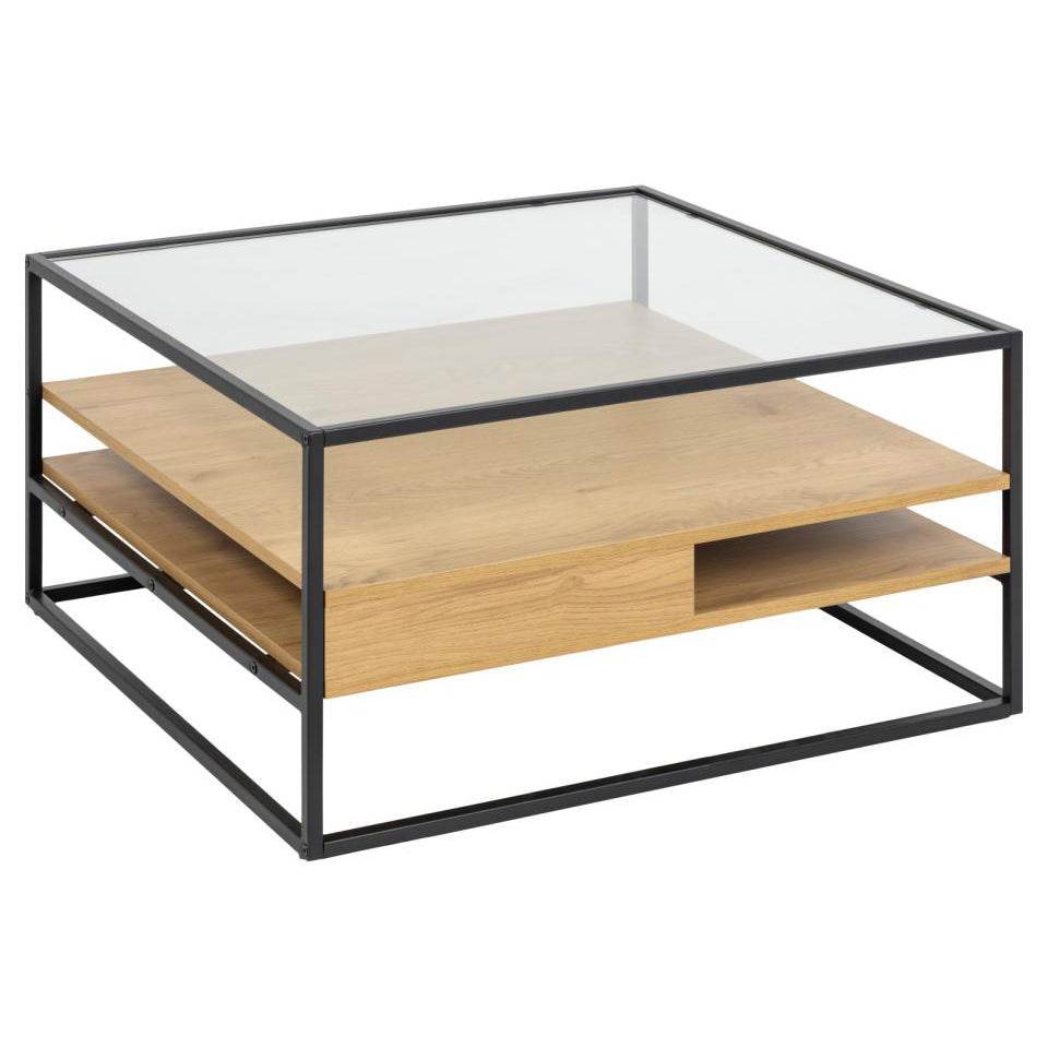 Randolf Designer Oak Glass Coffee Table With Storage Shelf 80cm