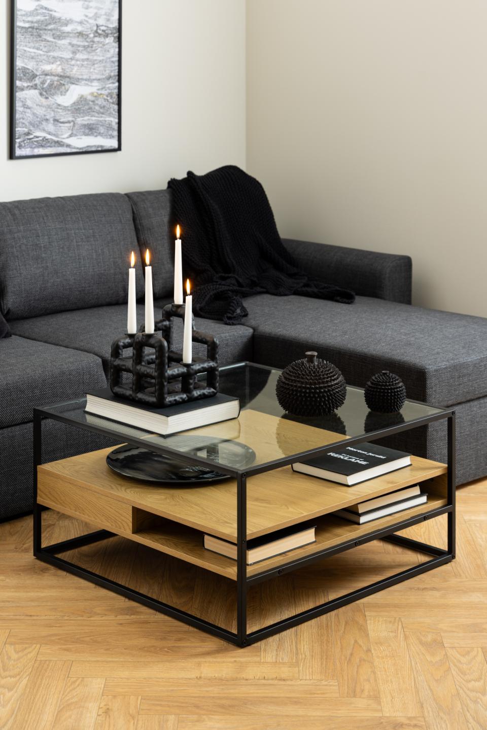 Randolf Designer Oak Glass Coffee Table With Storage Shelf 80cm