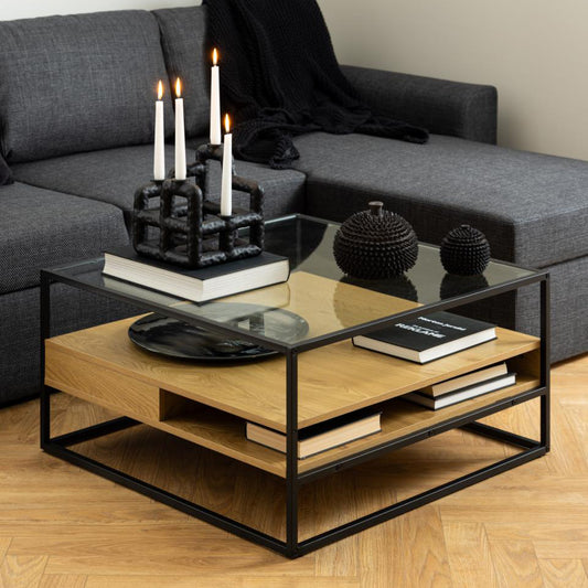 Randolf Designer Oak Glass Coffee Table With Storage Shelf 80cm