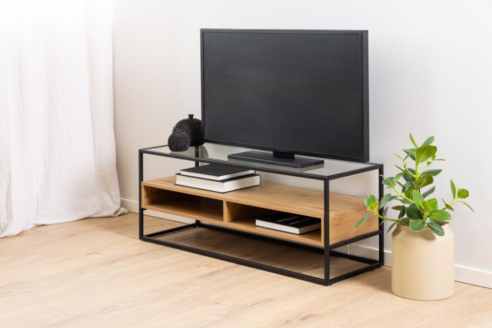 Randolf TV Unit With Glass Top And Oak Shelf 120x40x45 cm