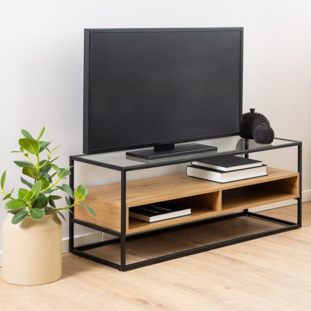 Randolf TV Unit With Glass Top And Oak Shelf 120x40x45 cm