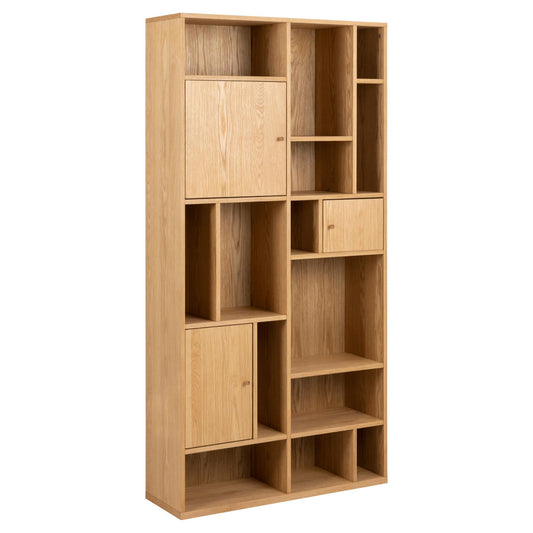 Wooden bookshelf with multiple compartments on a white background