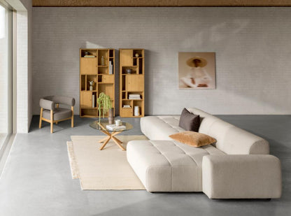 Modern living room with a beige sectional sofa, bookshelves, and a rug.