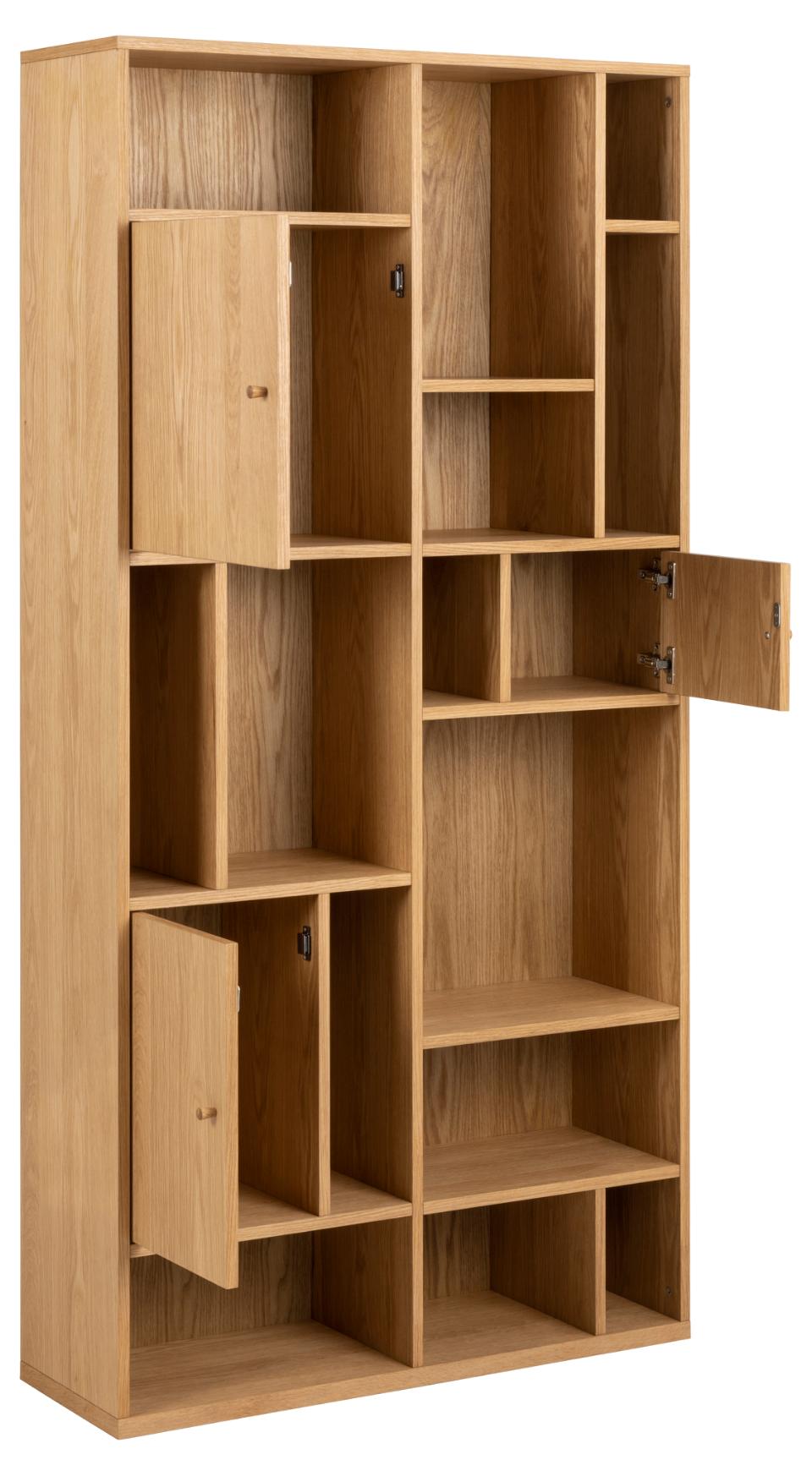 Wooden bookshelf with multiple shelves and open doors on a white background