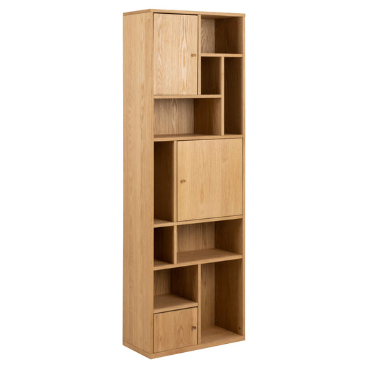 Wooden bookshelf with multiple compartments on a white background