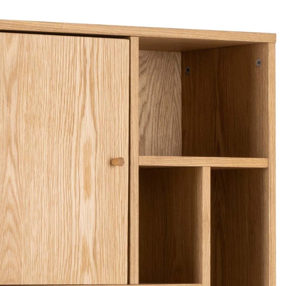 Wooden cabinet with a closed door and open shelves on a white background