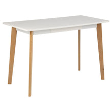 Load image into Gallery viewer, White table with wooden legs on a white background

