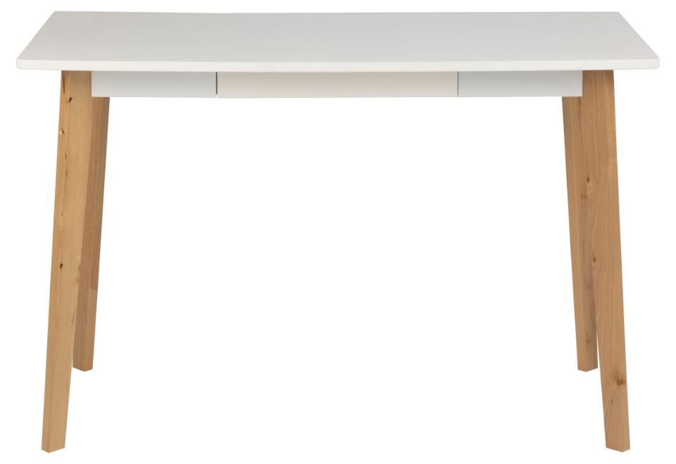 A modern writing desk with a white rectangular top, three white drawer fronts, and four tapered natural wood legs, shown against a plain white background.