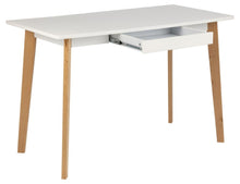 Load image into Gallery viewer, White desk with wooden legs on a white background
