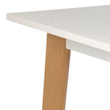 Load image into Gallery viewer, Close-up of a table with a white top and wooden leg on a white background
