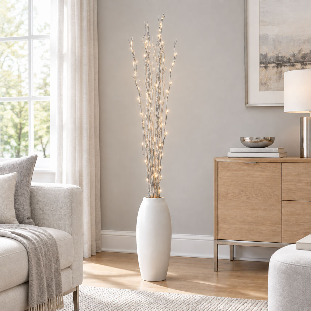 silver illuminated willow twig arrangement in a bright living room