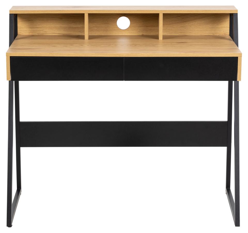 Wooden desk with black base on a white background