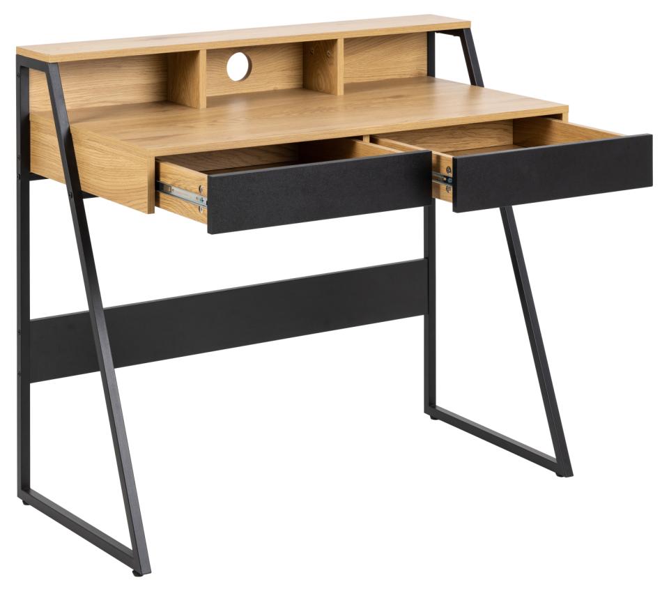 Wooden desk with black metal legs and drawers on a white background