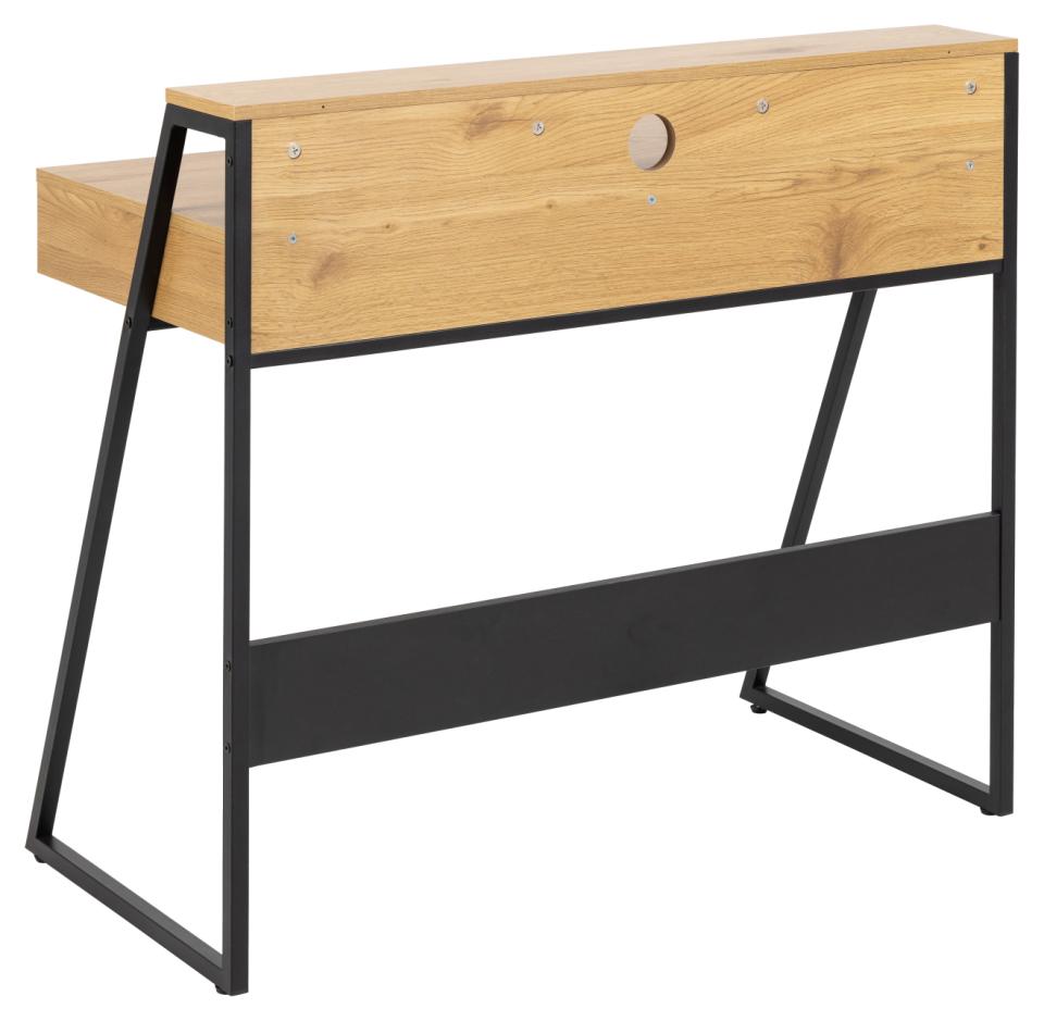 Wooden desk with black metal legs on a white background