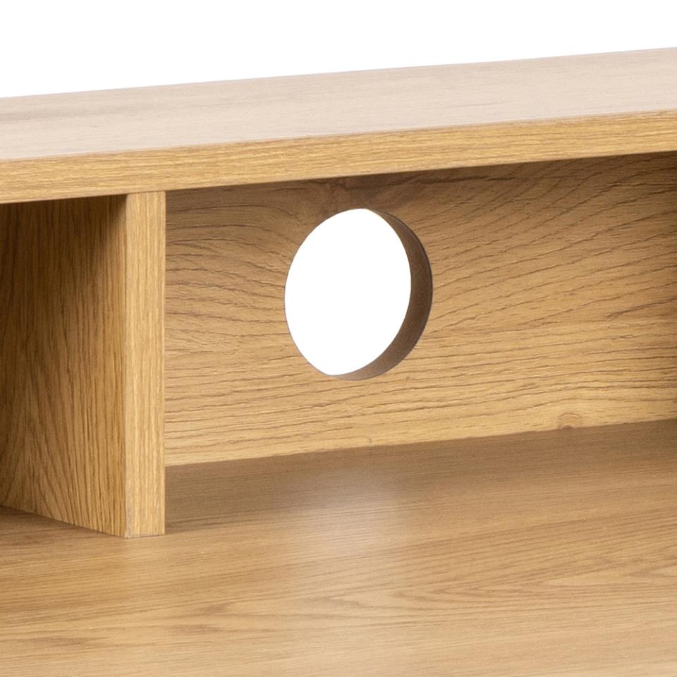 Wooden shelf with a circular cutout on a white background