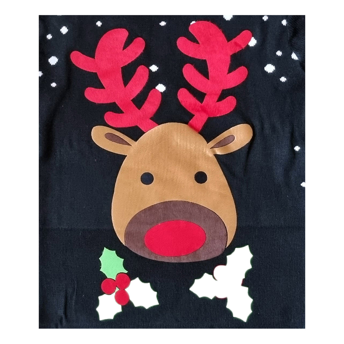 A festive Christmas sweater featuring a large applique of Rudolph the Red-Nosed Reindeer on a black knit background with white snowflake details.