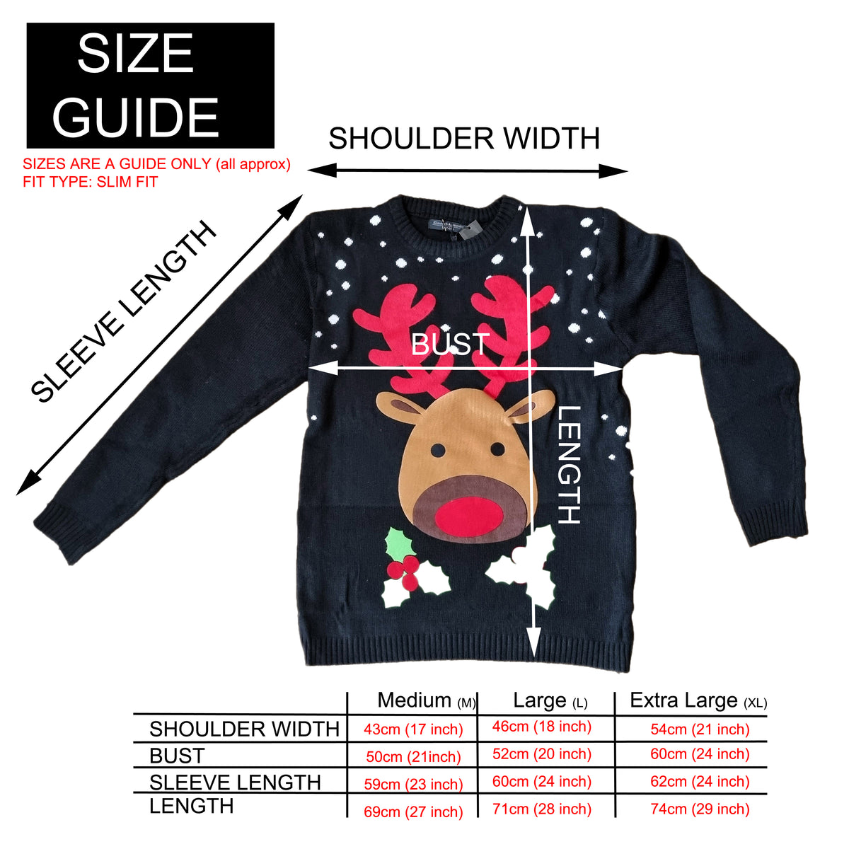 A size guide diagram for a Christmas sweater, showing a black long-sleeve knit pullover with a reindeer graphic and white snowflakes, with arrows labeling sleeve length, shoulder width, bust, and length. A size table at the bottom lists measurements for Medium, Large, and Extra Large.