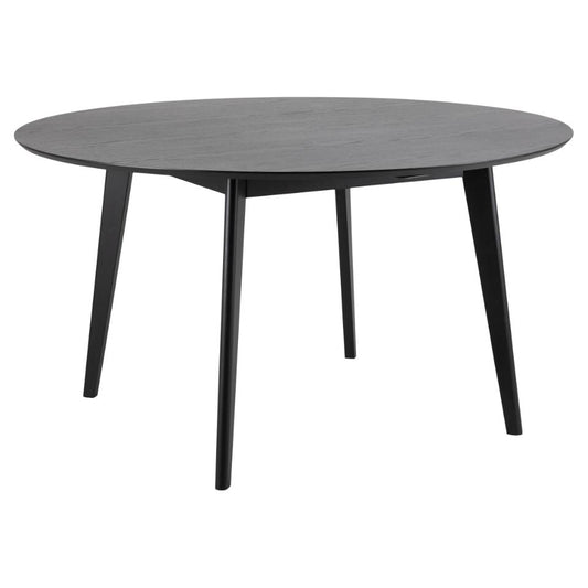 Round black lacquered oak veneer dining table with a matt black AC lacquered rubberwood base, Seats 4-6 people.
