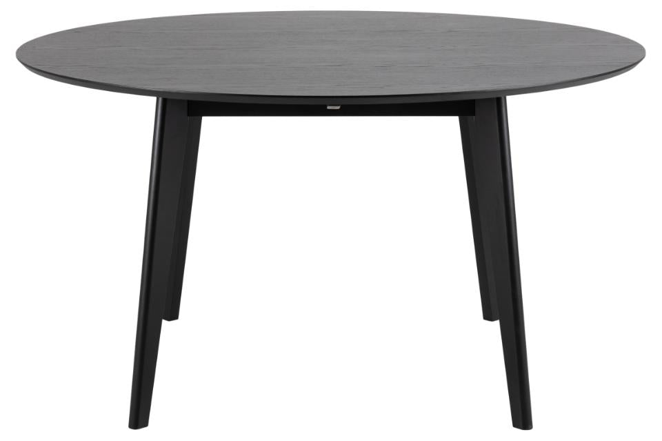 A round dining table with a dark gray wood-grain tabletop and black tapered legs, shown against a plain white background.