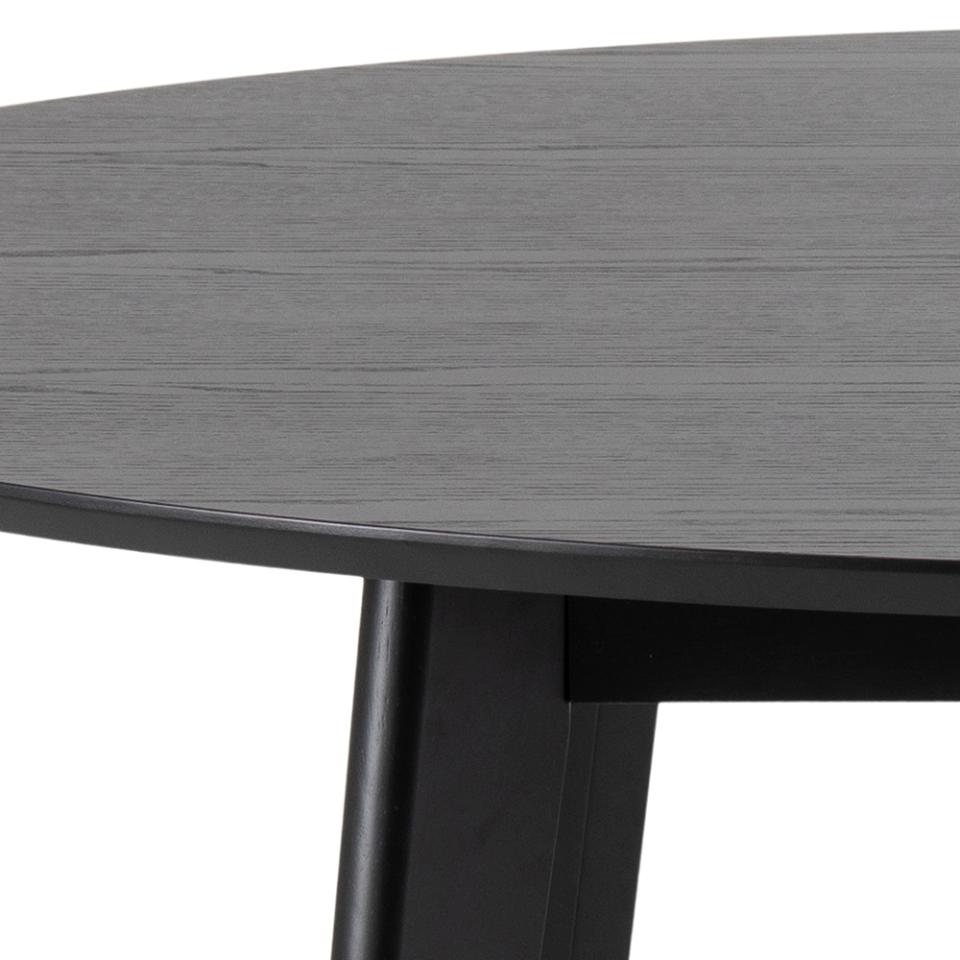 Round table with dark gray top and black legs on a white background