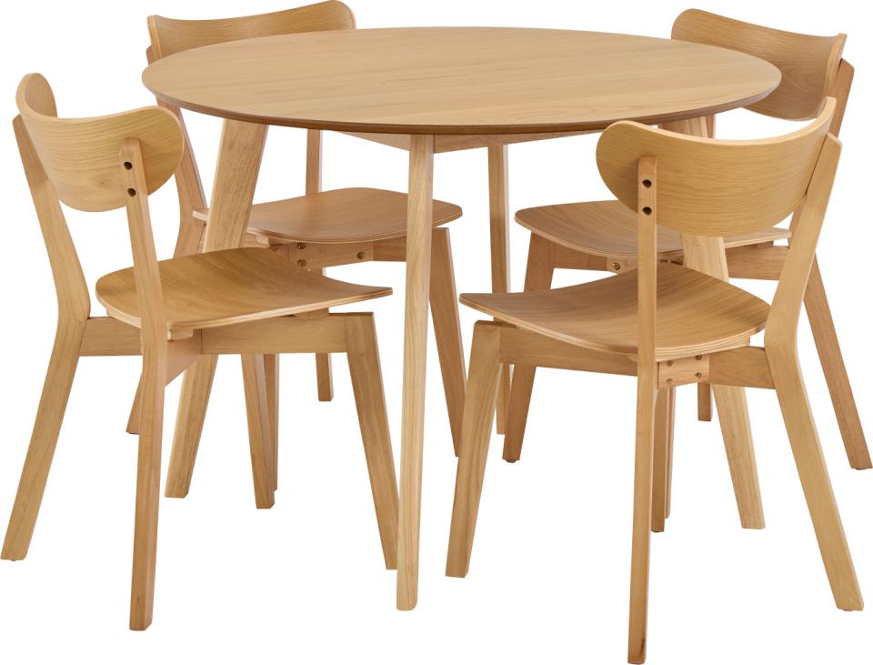 A light natural wood dining set consisting of a round table and four matching chairs with a minimalist design, shown on a solid white background.